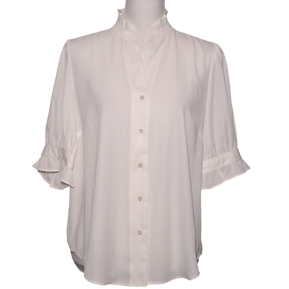 NWT Ann Taylor Factory Ivory Ruffle High Neck Short Sleeve Blouse Size S *Read